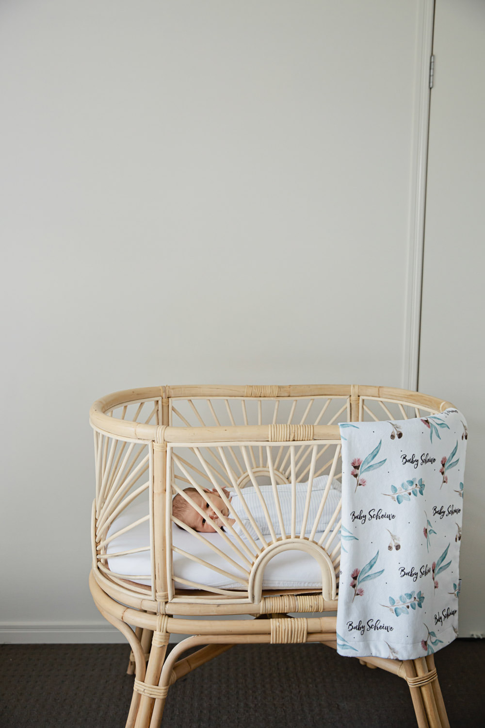 baby-in-bassinet-Natural, simple and beautiful newborn photography in Brisbane- QuinceandMulberry